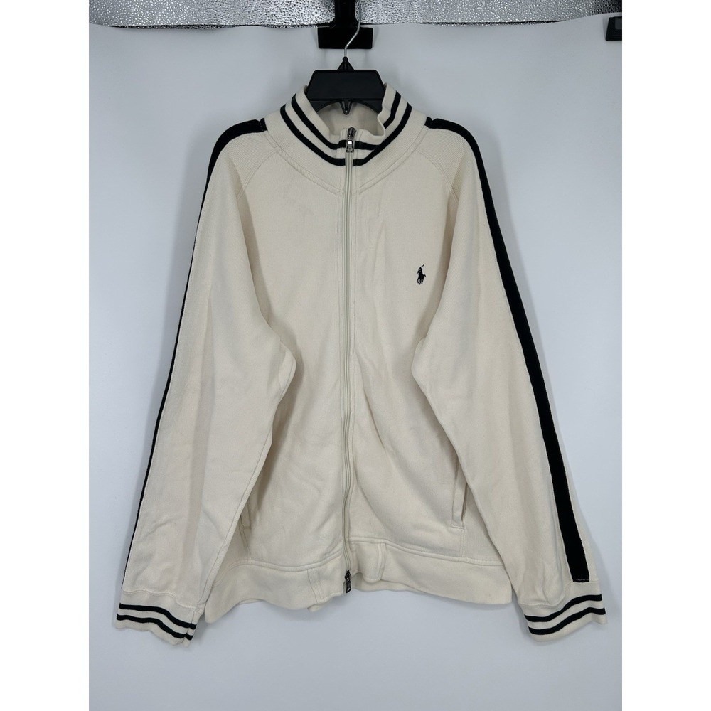 Polo Ralph Lauren Track Jacket‎ Sweatshirt Full Zip Up Off White Striped Mens XL